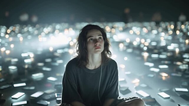 A young woman sits amidst a sea of glowing smartphones, her gaze lost in thought, reflecting a sense of digital saturation and introspection. ..Created with Generative AI, not depicting real subjects.