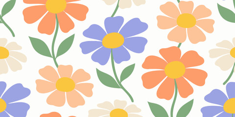 Fototapeta premium Vintage Style Seamless Floral Pattern Featuring Stylized Colorful Flowers and Foliage for Fabric and Wallpaper Design