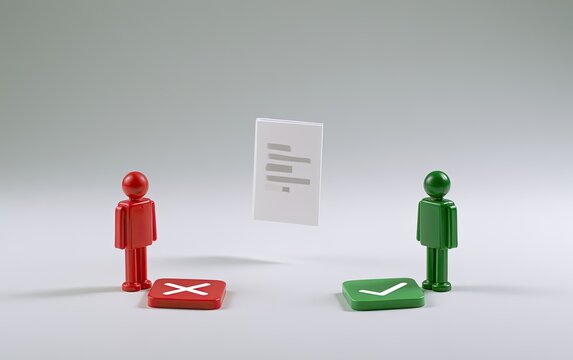 Two figures stand near a document, representing choice and decision