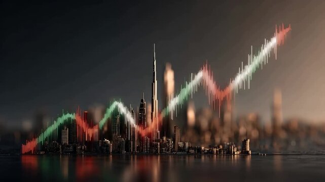 A dynamic stock market graph with rising and falling trends overlays a futuristic cityscape. ..Created with Generative AI, not depicting real subjects.
