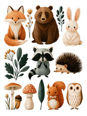 Naklejka premium Cute forest animal watercolor illustration with fox, bear, rabbit, raccoon, hedgehog, squirrel and owl