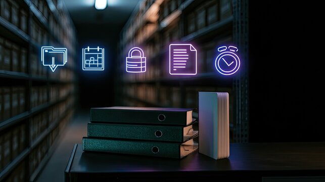 Glowing icons hover over folders in a dark, digital archive