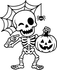 Fototapeta premium Halloween Skeleton Holding Jack O Lantern with Spider and Web