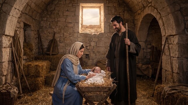 Holy Family with Virgin Mary and Saint Joseph looking at newborn baby Jesus Christ in manger, Nativity biblical scene in Bethlehem stable with soft daylight.