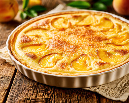 French Peach Clafoutis Style Flan with Fresh Peaches &ndash; AI Generative