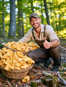 Happy Mushroom Picker with Baskets of Chanterelles &ndash; AI Generative &ndash; No Real Persons
