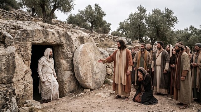 Jesus Christ performing Raising of Lazarus coming out of rock tomb wrapped in grave clothes, New Testament biblical scene with weeping Mary and disciples.