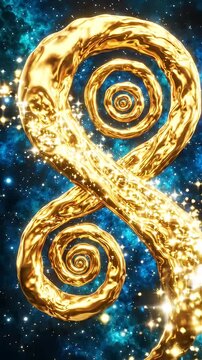 Golden Infinity Spiral in Textured Cosmic Background - A stylized infinity symbol crafted from flowing golden material, with inner spiral details, is set against a deep blue textured cosmic