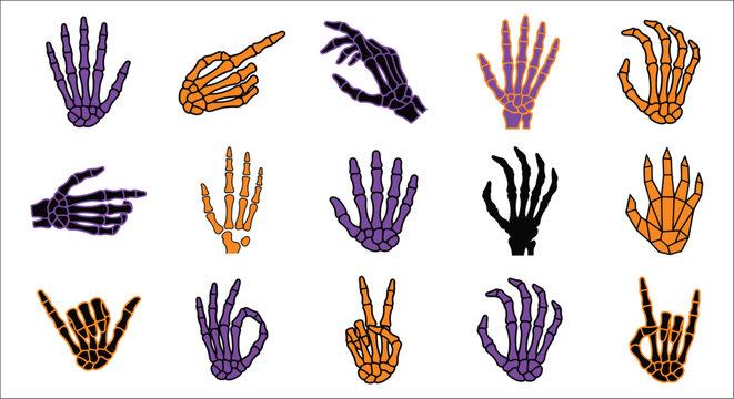 Skeleton hands in various poses are displayed as a colorful vector illustration on a white background
