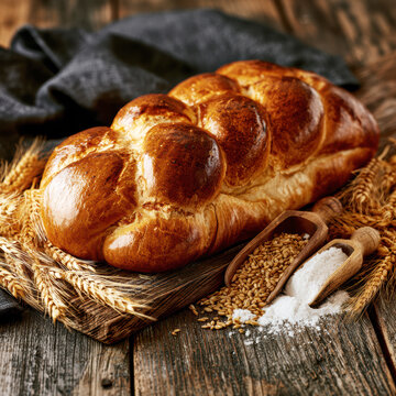 Traditional Braided Sweet Bread Loaf on Rustic Wooden Table &ndash; AI Generative