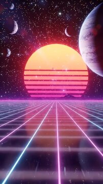 Retro Digital Sunset Grid Landscape in Space - A vibrant digital landscape evokes a retro-futuristic feel with a glowing neon grid stretching towards a radiant sunset.
