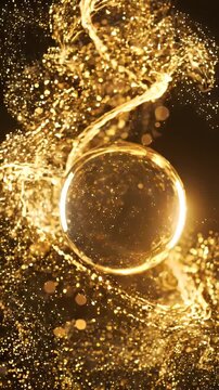 Golden Swirling Particles Around Translucent Sphere - A transparent sphere is illuminated by swirling golden light trails and a shower of shimmering particles against a dark background.