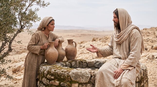 Jesus Christ talking to the Samaritan woman at the well with clay water jars, New Testament biblical scene in desert landscape under bright daylight.