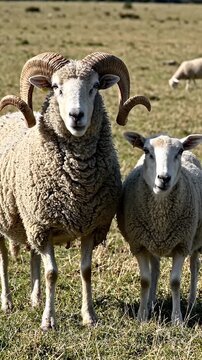 Ram and Ewe Standing in Field - A majestic ram with large, curling horns stands beside a smaller ewe in a grassy field.