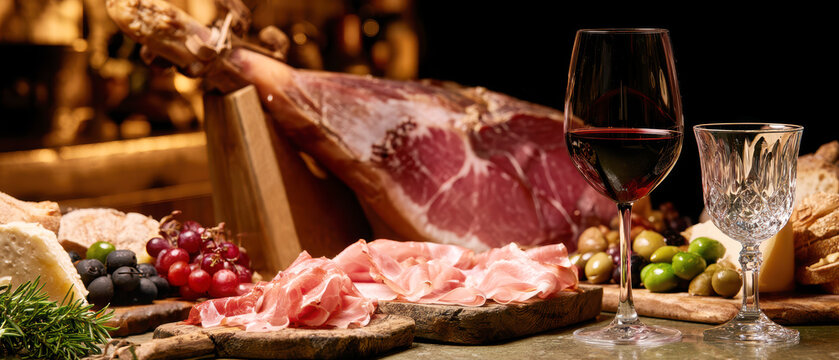 Premium Dry-Cured Ham on Traditional Jam&oacute;n Stand with Charcuterie &ndash; AI Generative