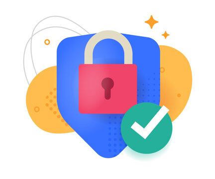 Shield security lock protection check mark icon modern graphic cartoon illustration, safety privacy protection padlock defense as cyber guard access guarantee image clip art sign symbol