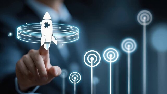 A person's finger touches a glowing virtual interface, initiating the launch of a digital rocket. This symbolizes a new venture, growth. ..Created with Generative AI, not depicting real subjects.