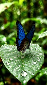 Vibrant Blue Butterfly on Dewy Leaf - A striking blue morpho butterfly rests on a heart-shaped green leaf covered in glistening dew drops.