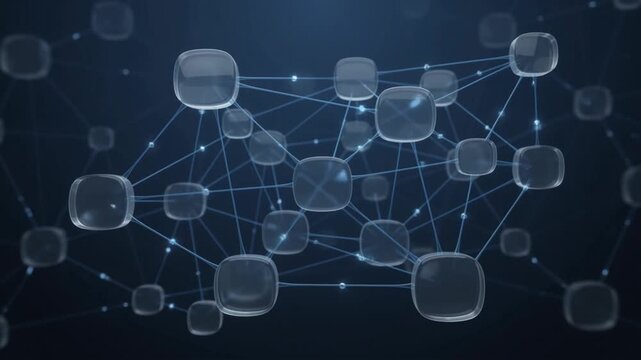 Abstract blockchain network with connected glass cube nodes on a dark background representing digital technology and global data communication