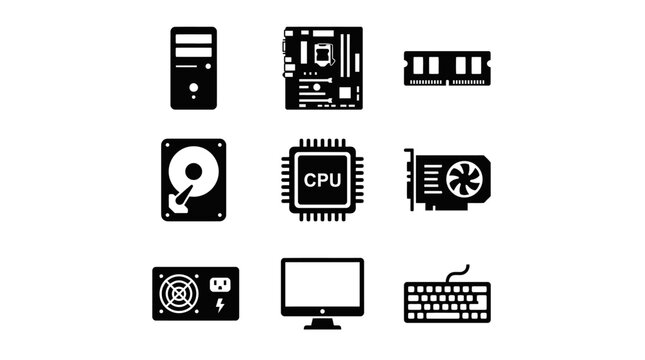 Computer hardware and PC component icon set.