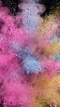 Vibrant Multicolored Powder Explosion Against Black Background - A dynamic explosion of vibrant multicolored powder creates a chaotic yet beautiful spectacle against a stark black background.