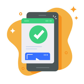 Checkmark success confirm icon on smartphone cell phone illustration graphic, approval check mark on cellphone screen, verified complete vector message popup notice image clip art