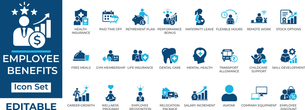 Employee benefits and corporate perks vector icon set. Includes health insurance, remote work, and wellness programs. Editable flat design elements for HR and business.