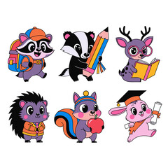 Naklejka premium This collection features six charming cartoon animals designed with a school theme a raccoon, a badger, a deer, a hedgehog, a squirrel, and a rabbit