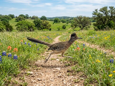 Greater roadrunner bird sprinting across open grassy field in daylight.