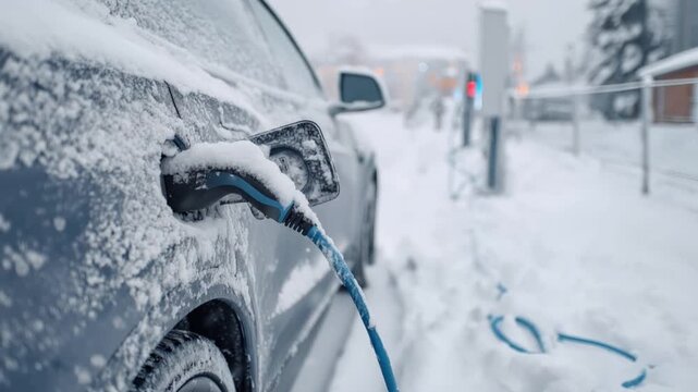 An electric car plugged into a charging station is covered in snow. ..Created with Generative AI, not depicting real subjects.