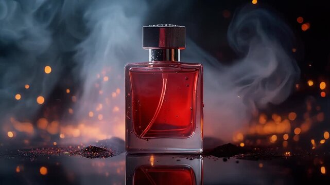 Luxurious red perfume bottle with smoke and glowing embers background for elegance and beauty