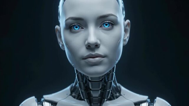 Cinematic close-up footage of a futuristic female humanoid robot with eyes closed in a dark studio setting.