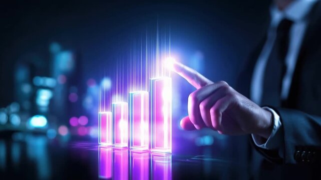 A businessman in a suit interacts with a glowing digital graph, symbolizing growth, success, and the future of technology in finance. ..Created with Generative AI, not depicting real subjects.