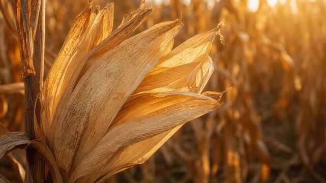 Close up of dry corn husks in a golden sunset light on a farm field during harvest season