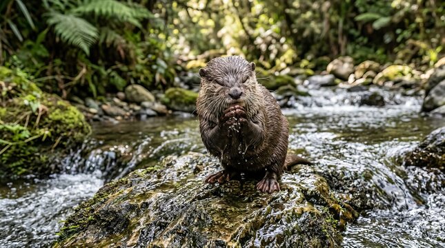 Small brown bird perched on moss-covered river stone in forest stream.