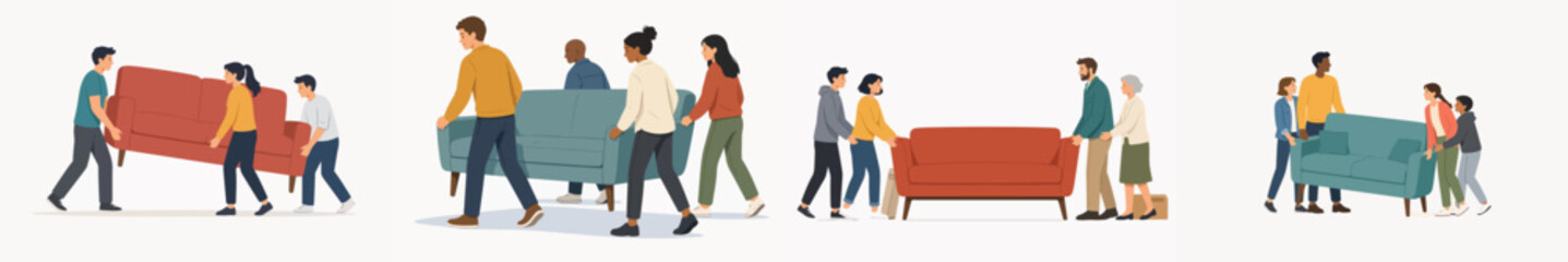 Fototapeta premium Vector illustration of people carrying a sofa while moving house white background