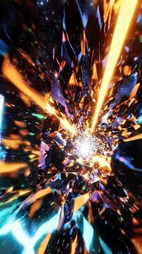 Cosmic Tunnel Journey with Neon Crystal Reflections - An abstract journey through a cosmic tunnel filled with shimmering neon lights and fragmented crystal reflections.