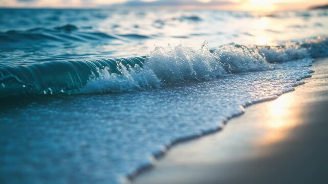 Close up view of gentle ocean wave rolling onto sandy beach at sunset with soft light reflections