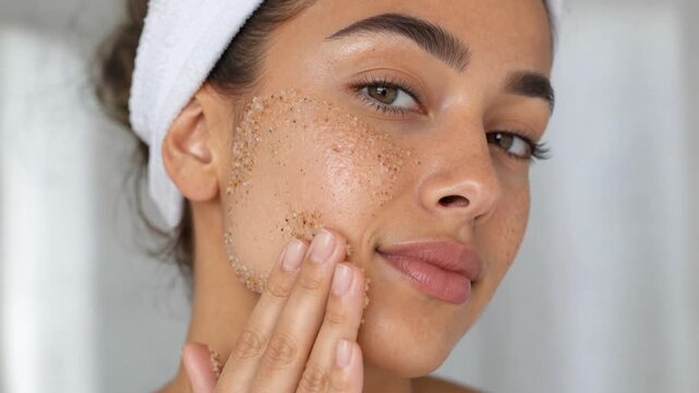 Close up of young woman applying natural facial scrub for glowing healthy skin care routine