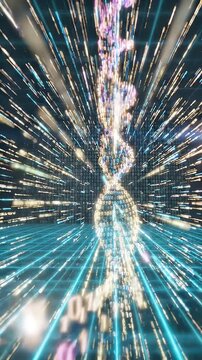 Digital DNA Data Stream Background - An abstract digital visualization depicts a glowing DNA helix formed from binary code against a background of a digital grid and light streaks.