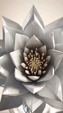Abstract Geometric Flower Blooming - A close-up view of a white, polygonal flower with geometric petals unfurling. The detailed center reveals a complex, crystalline structure with subtle golden hues.