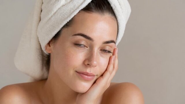 Young woman with fresh glowing skin wrapped in towel enjoying skincare routine and natural beauty