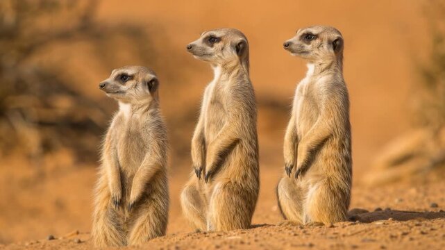 Three alert meerkats standing on sandy ground in natural habitat during daytime