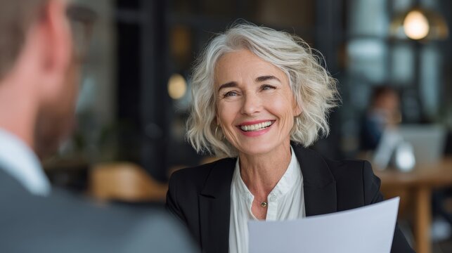 Smiling mature business woman hr holding cv document at job interview. Happy mid aged professional banking manager or lawyer consulting client sitting at workplace in corporate office meeting.