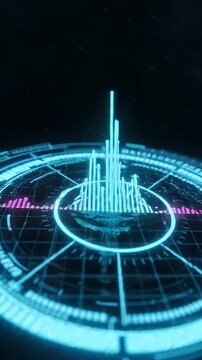 Minimalist Digital UI Circular Interface with Audio Waveform - A futuristic circular interface with a glowing blue grid and a vibrant green audio waveform at its center.