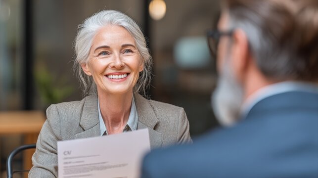 Smiling mature business woman hr holding cv document at job interview. Happy mid aged professional banking manager or lawyer consulting client sitting at workplace in corporate office meeting.