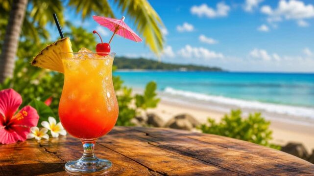 Tropical cocktail drink with pineapple and cherry on wooden table by beach with ocean and palm trees