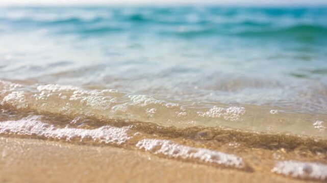 Close up of gentle waves with foam washing on sandy beach under clear blue sky