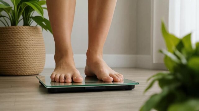 Woman standing barefoot on digital scale measuring weight in minimalist home interior with green plants