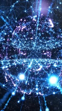 Abstract Quantum Neural Network Data Flow - This abstract motion graphic depicts a glowing, interconnected neural network with a central pulsating orb, representing complex data flow and advanced